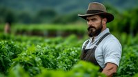 Bearded male farmer in hat and apron standing in green crop field, agricultural worker portrait for farming and organic food production concepts.