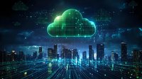 Digital cloud computing concept over modern city skyline with glowing green network connections and data streams flowing through urban landscape at night.