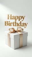 Happy Birthday gold text with white gift box and satin ribbon bow on light background, elegant greeting card design.