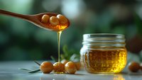 Golden honey dripping from wooden spoon with hazelnuts on rustic table. Natural organic sweetener for healthy cooking and baking recipes.