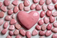 Pink heart-shaped stones arranged around larger central heart on white background, symbolizing love, romance and wellness concepts for valentines and special occasions.