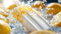 Refreshing citrus popsicle splashing in water with lemon slices and juice drops, bright yellow and white frozen dessert on summer background.