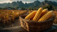 Fresh corn cobs in wicker basket on wooden table with golden harvest field and mountains in background during sunset for agricultural concepts.