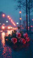 Pink roses lying on wet pavement at dusk, with blurred city lights creating romantic bokeh effect in background. Raindrops reflect warm street illumination.