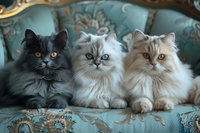 Three majestic Persian cats with different coat colors - black, white, and cream - sitting together on luxurious turquoise upholstered vintage sofa, looking at camera.