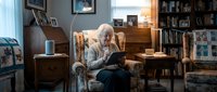 Senior Caucasian man reading tablet in cozy living room armchair surrounded by bookshelves and warm lighting for technology and aging concepts.