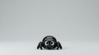 Cute black spider toy with big round eyes and articulated legs isolated on white background, ready for product design and merchandise applications.