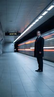 Middle-aged Caucasian businessman in dark coat waiting on subway platform as train passes with motion blur during evening commute in modern underground station.