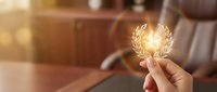 Close-up of hand holding glowing wheat wreath symbolizing success, achievement, and prosperity in business environment with warm lighting.