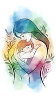 Watercolor mother embracing newborn baby with decorative floral elements on colorful gradient background for motherhood and family design projects.