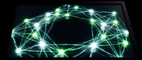 Digital network connections with glowing green nodes and lines forming interconnected web on dark background for technology concepts.