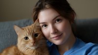 Young Caucasian woman in blue shirt smiling while cuddling with ginger cat on grey couch. Natural lighting creates warm, intimate atmosphere for pet lifestyle content.