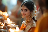 Young South Asian bride in traditional gold jewelry and saree smiling during wedding ceremony, surrounded by warm candlelight and marigold flowers.
