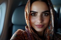 Middle Eastern woman wearing traditional hijab headscarf smiling at camera while sitting in car backseat, close up portrait in natural lighting shows warm expression.