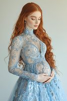 Pregnant woman in elegant blue lace gown with long red hair posing gracefully against neutral background for maternity fashion photography.