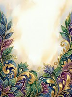 Ornate floral border with gold filigree scrolls, colorful leaves, and decorative flourishes on cream watercolor background, isolated for invitations and design projects.