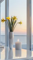 Yellow daffodils in white ceramic vase next to burning candle on glossy table by window during sunset, creating serene minimalist home atmosphere.