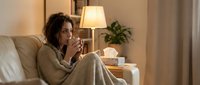 Woman with curly dark hair, appearing Middle Eastern or Mediterranean descent, sitting on beige sofa in cozy living room holding warm beverage. Wearing comfortable cardigan sweater. Warm lamp lighting, potted plant, and soft furnishings create relaxing home atmosphere for wellness and lifestyle content.