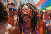Joyful young African American woman with dreadlocks and reflective sunglasses celebrating at pride festival amid colorful confetti and rainbow flags, perfect for diversity and inclusion campaigns.