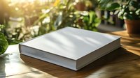 Blank white hardcover book mockup on wooden table with natural sunlight and green plants, creating cozy atmosphere for reading or product presentation.