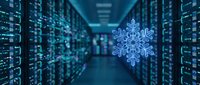 Data center server room with glowing blue snowflake symbol representing cloud computing cooling technology and winter digital infrastructure solutions.