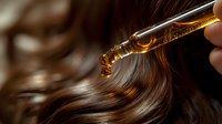 Dropper with golden hair oil or serum dripping onto shiny brown wavy hair strands in macro shot, demonstrating luxury haircare and treatment application.