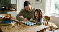Father and daughter using digital tablet together at wooden kitchen table during homeschooling session in bright modern home interior.