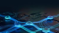 Abstract digital network connections with glowing blue lines flowing over circuit board background representing data transfer and technology connectivity.
