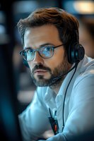 Professional male customer service representative with headset and glasses working in modern call center office environment for business communication.