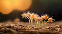 Delicate orange mushrooms with fuzzy caps growing in line from forest floor, illuminated by soft bokeh light creating magical woodland atmosphere in macro photography.
