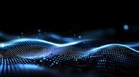 Glowing blue digital wave pattern with connected dots forming dynamic flowing surface against dark background, suitable for technology and data visualization concepts.