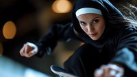 Young athletic woman in black hijab and sportswear performing dynamic parkour move against blurred city lights background, capturing urban sports lifestyle and motion.