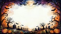 Watercolor Halloween border frame with pumpkins, bats, cemetery, full moon, and spooky trees, leaving white center space for text or design.