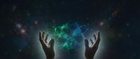 Hands reaching toward glowing digital world map with network connections on dark cosmic background for global technology and communication concepts.