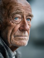 Close-up portrait of elderly Caucasian man with deep wrinkles and blue eyes showing aging process and life experience in natural lighting.