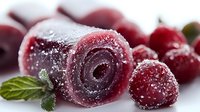 Frozen red berries with ice crystals and mint leaves on white background for healthy food recipes and smoothie ingredients.