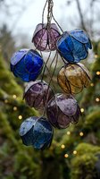 Colorful glass fishing floats hanging on rope with bokeh lights creating magical outdoor garden atmosphere for decorative and craft projects.