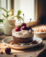 Layered chocolate dessert with fresh cherries on top, served in glass bowl on rustic wooden table near window with natural light.