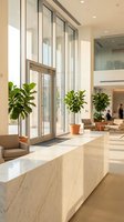 Modern office lobby interior with marble reception desk, green plants, glass walls and contemporary seating area for corporate business environment.