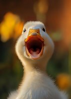 Young white goose with open beak calling loudly in warm sunlight with blurred autumn foliage background creating natural farm scene for agricultural content.