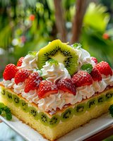 Fresh fruit cake slice with whipped cream, strawberries and kiwi on sponge base, decorated with mint leaves and powdered sugar, served on white plate in garden setting.