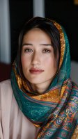Young Asian woman wearing colorful silk headscarf in teal and gold with ornate pattern. Close-up portrait shows natural makeup and serene expression against dark background.