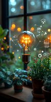 Glowing lightbulb with digital network icons floating above, surrounded by houseplants on windowsill against blurred bokeh background, representing innovation.