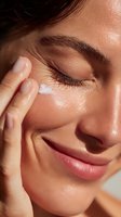 Close-up of person applying moisturizing cream under eye, showcasing skincare routine with glowing, hydrated skin and natural makeup look.