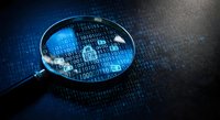 Digital security concept with magnifying glass revealing encrypted data and padlock symbols on binary code background for cybersecurity analysis.