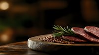 Sliced salami with rosemary and peppercorns on rustic wooden cutting board against dark background with bokeh lights, food photography styling.