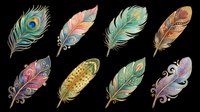 Colorful decorative feathers set with ornate patterns, isolated on transparent background. Great for stickers, t-shirt design, print on demand, clipart, and sublimation projects.