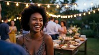 Happy African American woman smiling at outdoor dinner party with string lights and friends gathering in backyard garden setting for celebration.