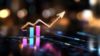 Glowing financial chart with upward trending arrow shows business growth on dark background with colorful neon lighting and bokeh effect. Modern data visualization.