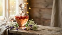 Elegant crystal decanter with amber whiskey and glasses on rustic wooden table with dried flowers, warm bokeh lights creating cozy atmosphere.